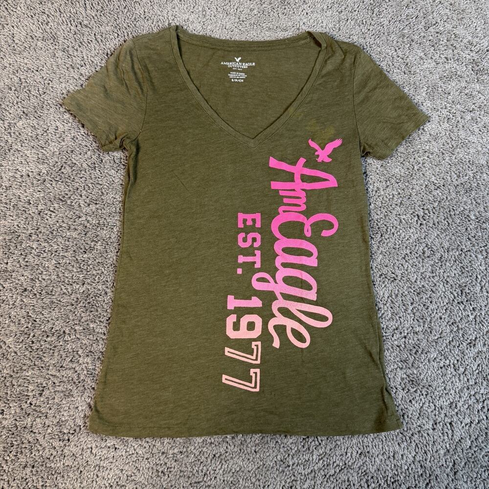 American Eagle Outfitters Shirt Womens S Green V-Neck Graphic Tagless EST 1977